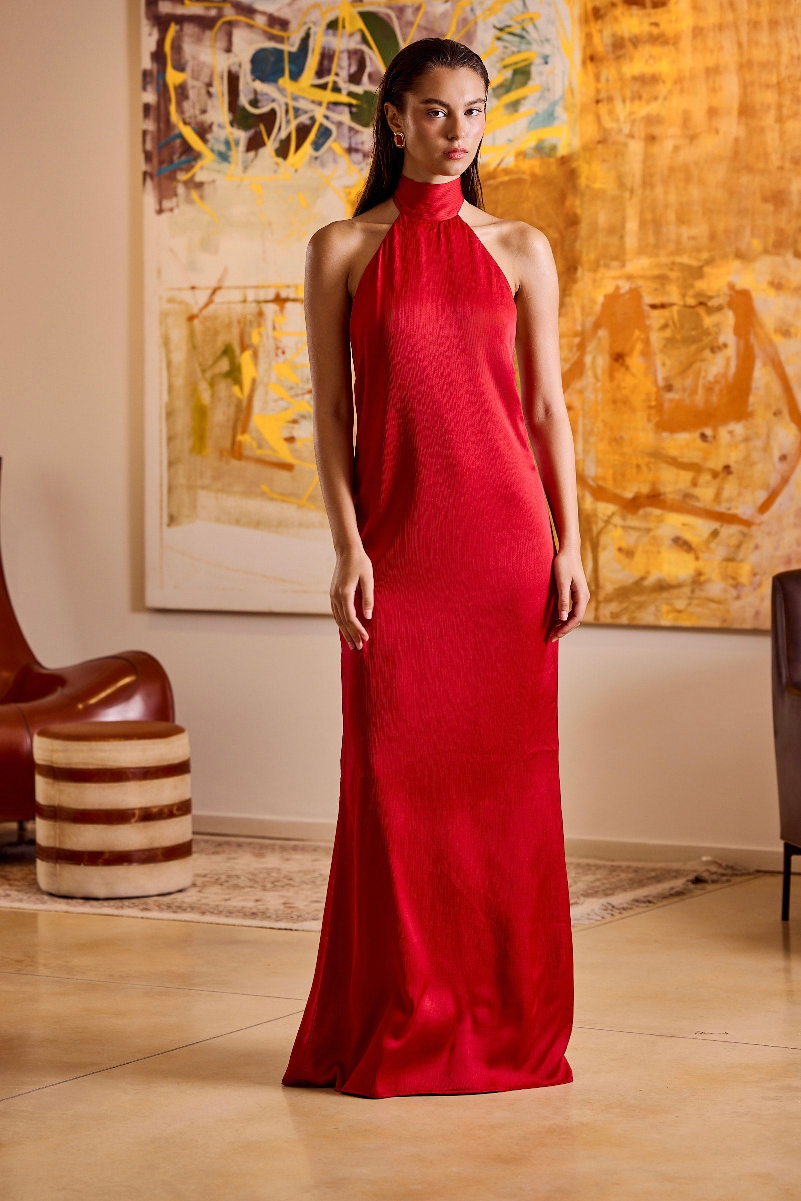 Jill Open-Back Satin Maxi Dress - Red