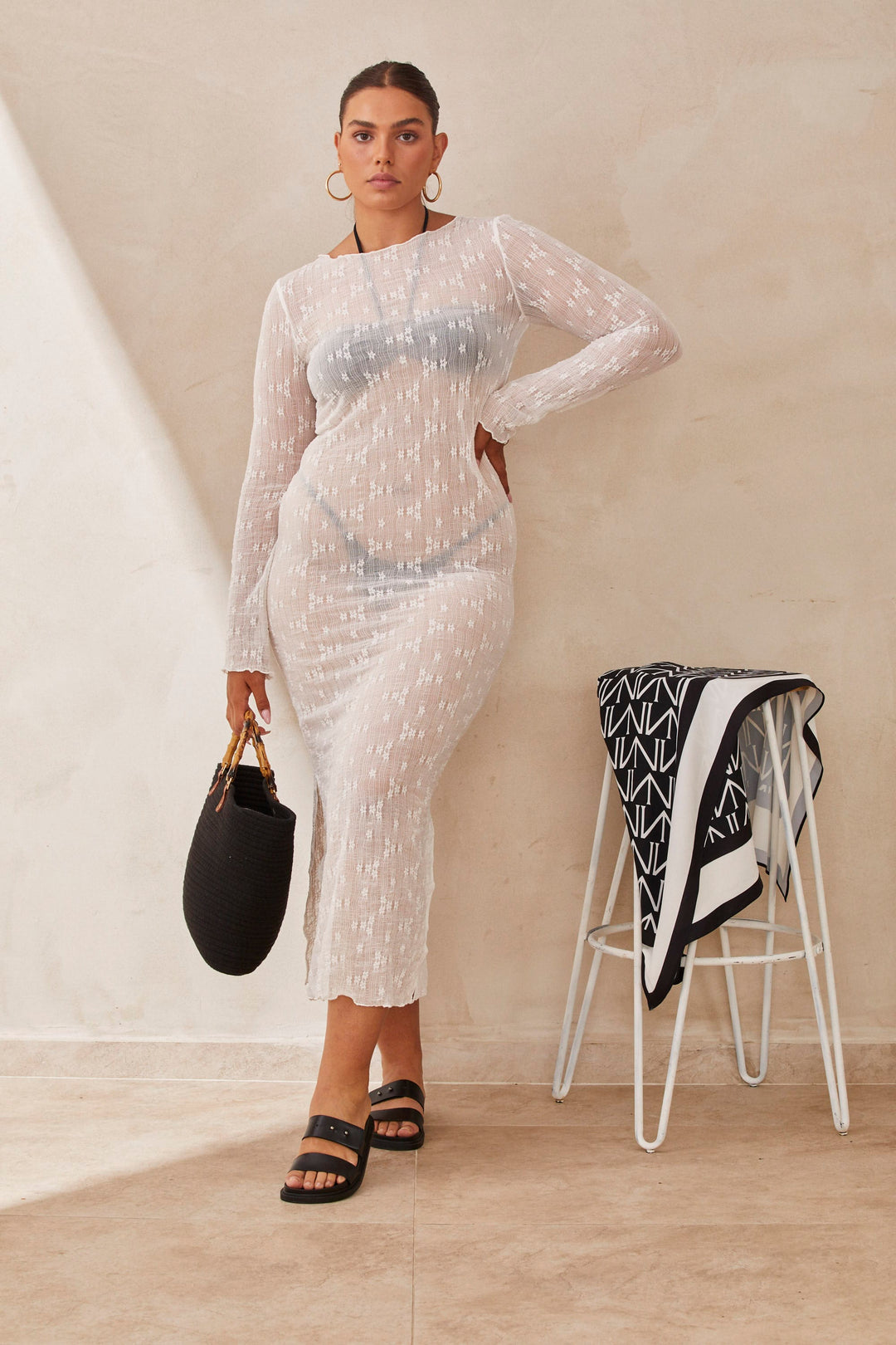 שמלת חוף וניס אורך מקסי בשילוב שסע | לבן