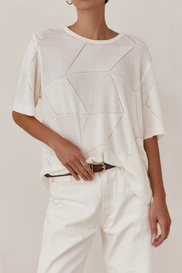 חולצת סריג דק לימה שרוול קצר | לבן