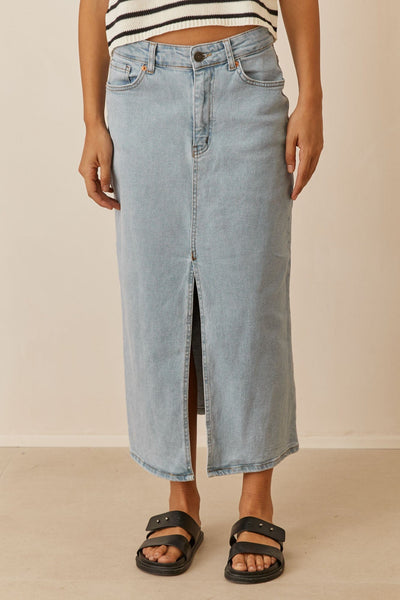 חצאית ג'יין מידי דנים בשילוב שסע | ג'ינס בהיר