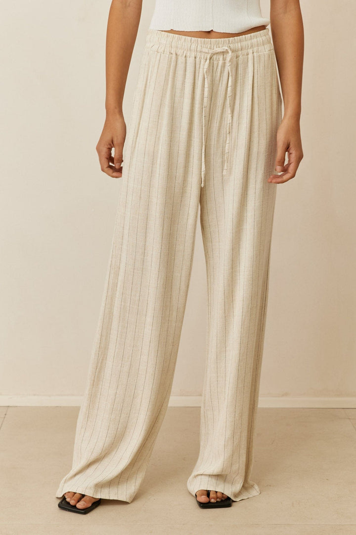 מכנסי שאנון פסים דמוי פשתן בשילוב גומי | בז'