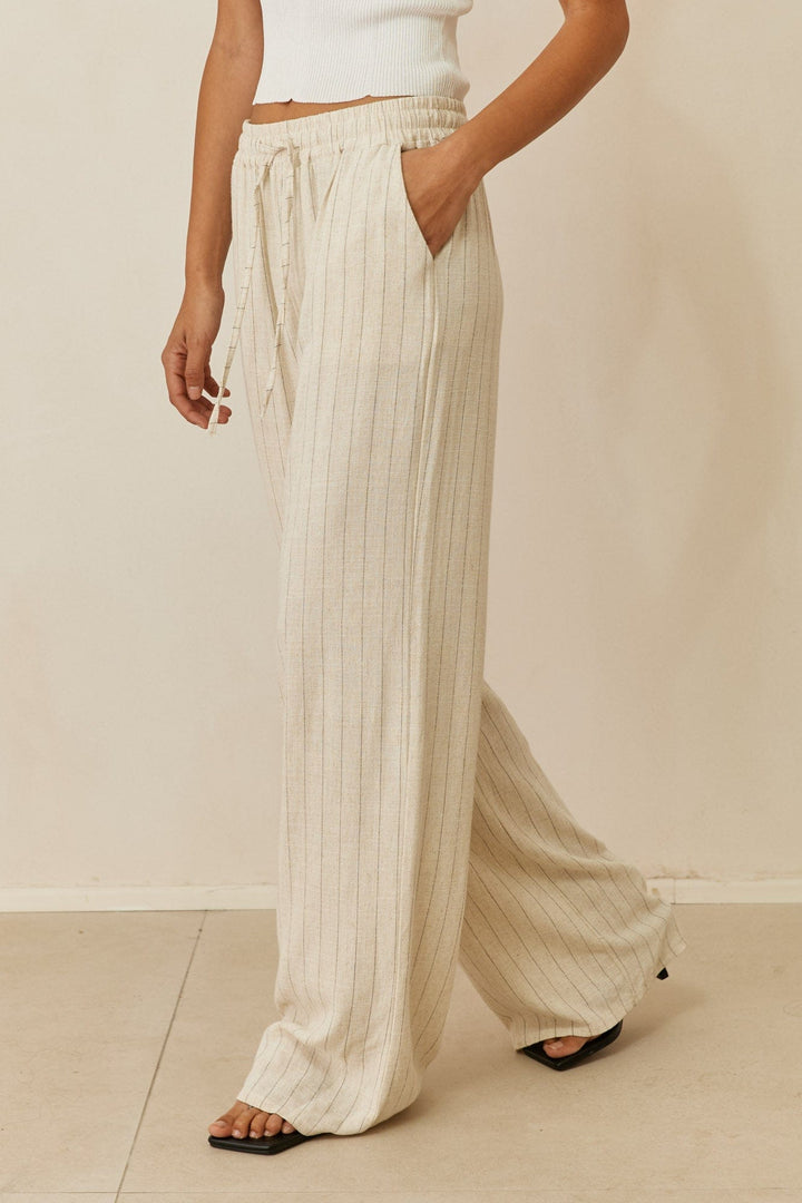 מכנסי שאנון פסים דמוי פשתן בשילוב גומי | בז'