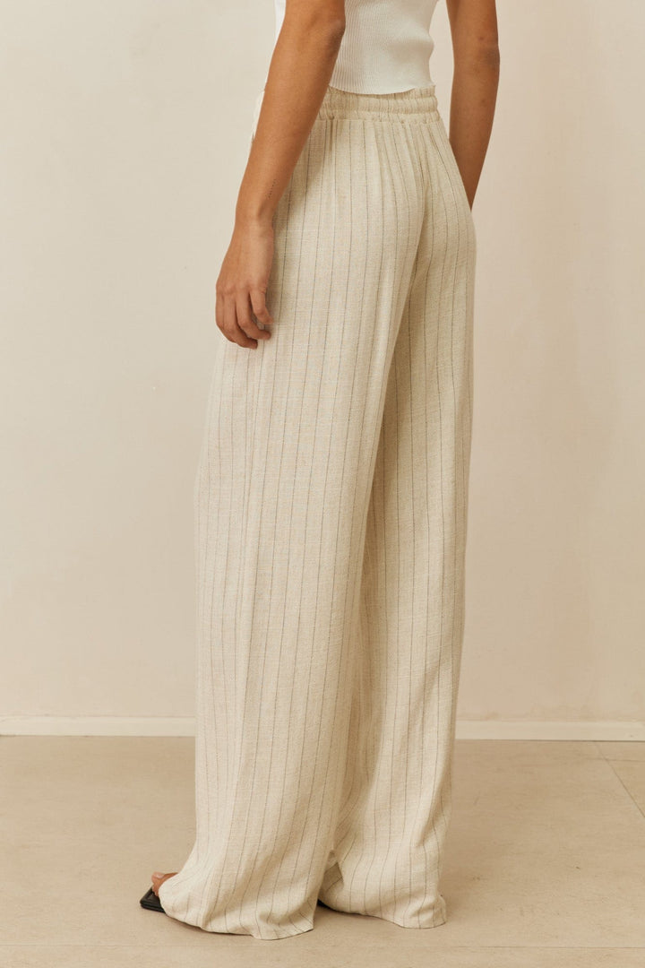 מכנסי שאנון פסים דמוי פשתן בשילוב גומי | בז'