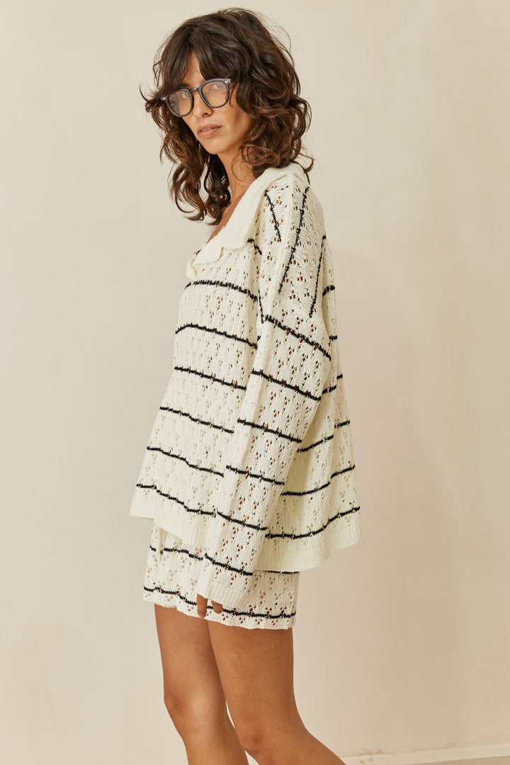 חליפת סריג פסים מילאן בד מחורר | לבן/שחור