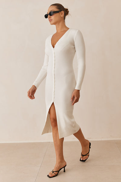 שמלת סריג אמנדה בשילוב כפתורים | לבן