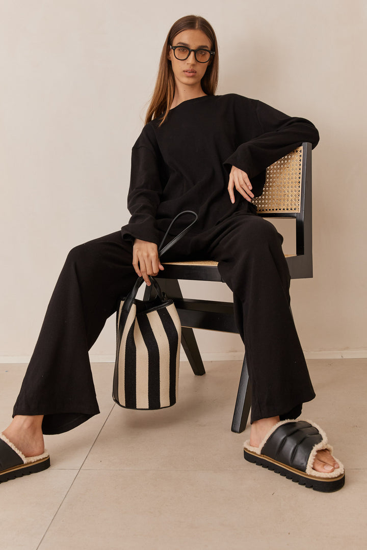 חולצת מארני בד ריב בשילוב קשירה ורקמת לוגו | שחור