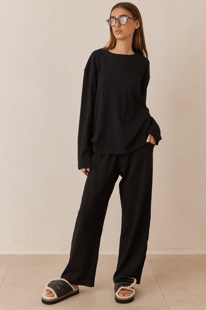 מכנסי מארני בד ריב בשילוב רקמת לוגו | שחור