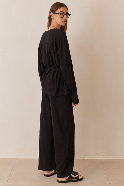 מכנסי מארני בד ריב בשילוב רקמת לוגו | שחור