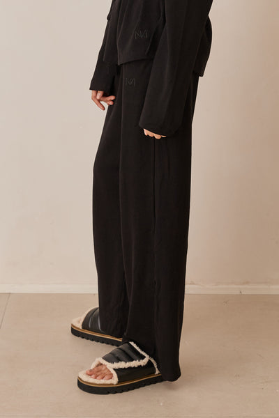 מכנסי מארני בד ריב בשילוב רקמת לוגו | שחור