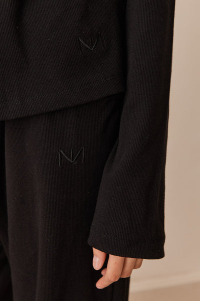 חולצת מארני בד ריב בשילוב קשירה ורקמת לוגו | שחור
