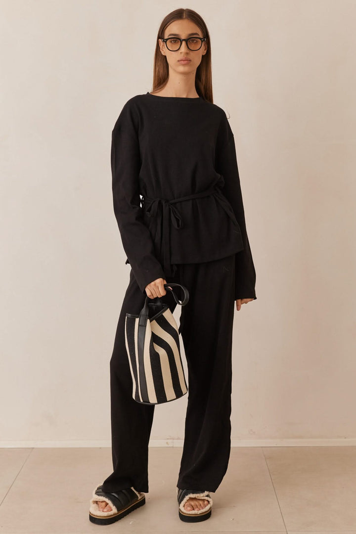 מכנסי מארני בד ריב בשילוב רקמת לוגו | שחור