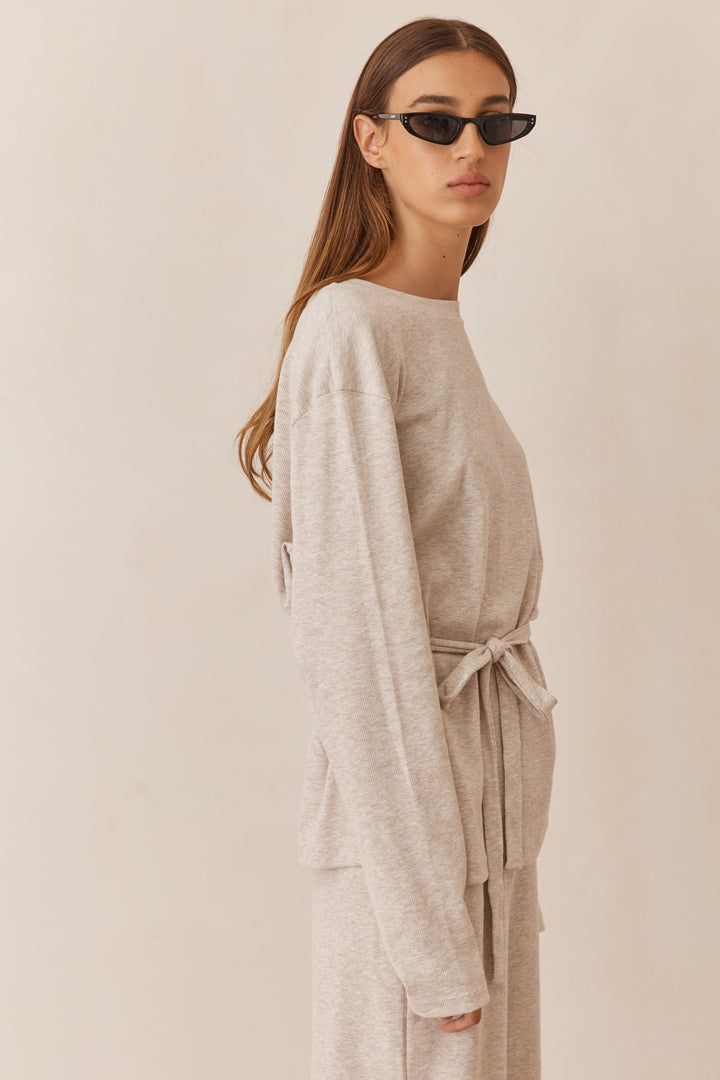 חולצת מארני בד ריב בשילוב קשירה ורקמת לוגו | בז'