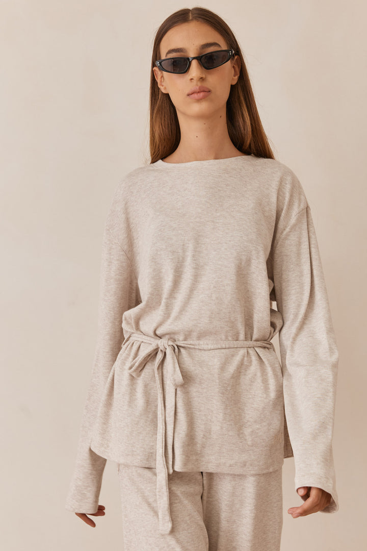 חולצת מארני בד ריב בשילוב קשירה ורקמת לוגו | בז'