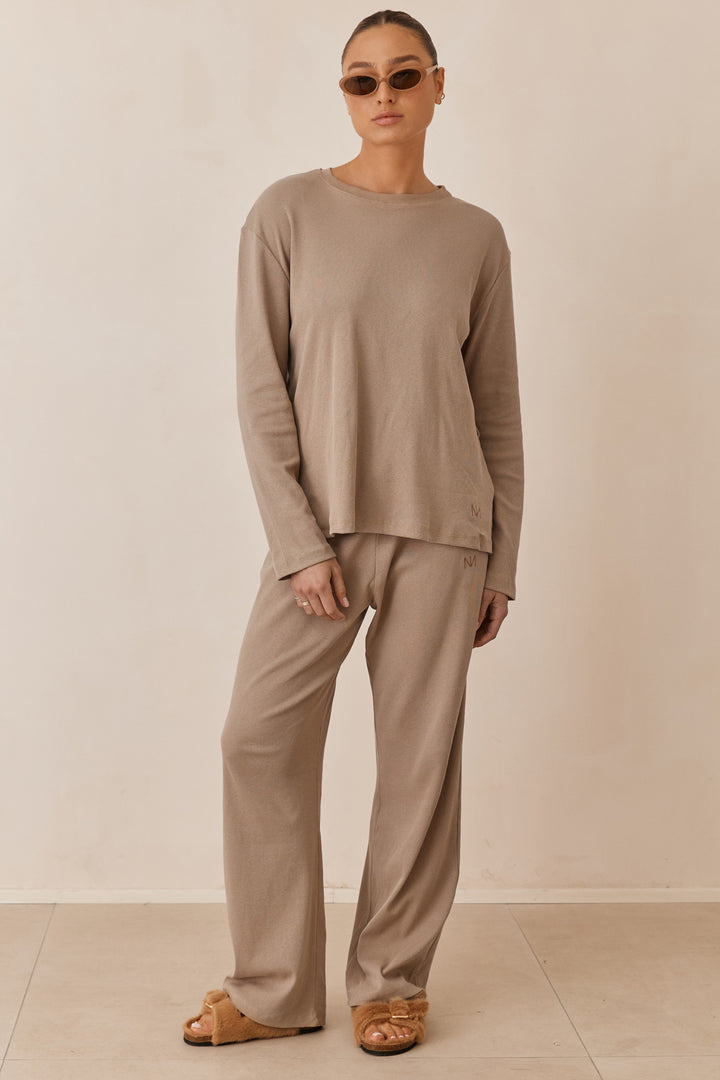 חולצת מארני בד ריב בשילוב קשירה ורקמת לוגו | מוקה