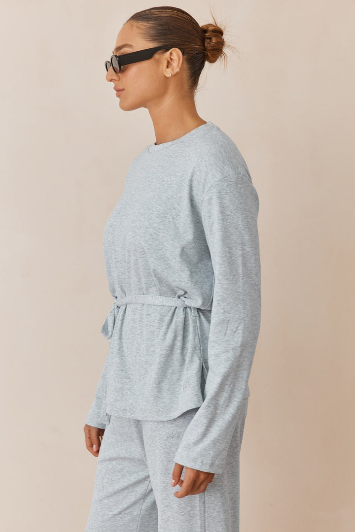 חולצת מארני בד ריב בשילוב קשירה ורקמת לוגו | אפור בהיר