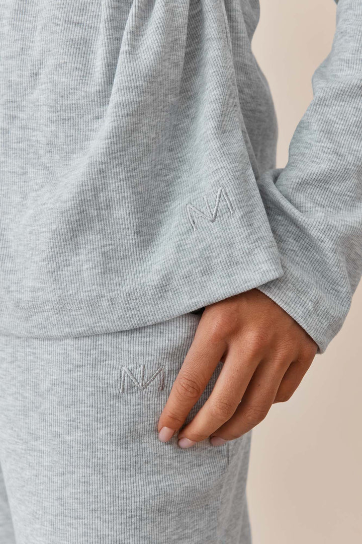 חולצת מארני בד ריב בשילוב קשירה ורקמת לוגו | אפור בהיר