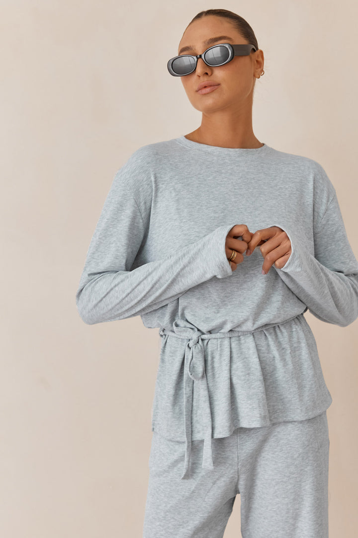 חולצת מארני בד ריב בשילוב קשירה ורקמת לוגו | אפור בהיר