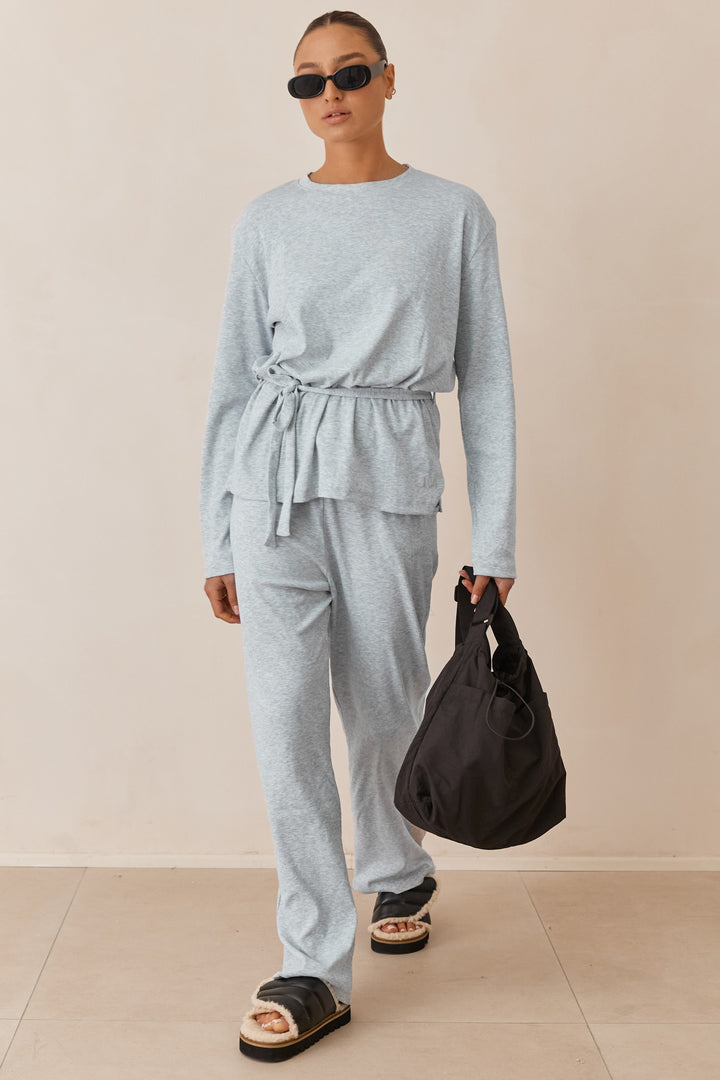 חולצת מארני בד ריב בשילוב קשירה ורקמת לוגו | אפור בהיר