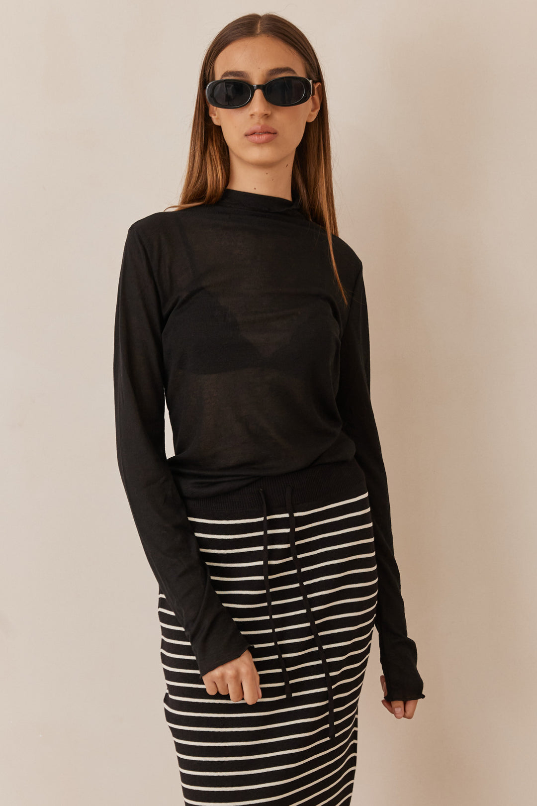 חצאית ג'יין מידי סטרייפס סיומת פרנזים | שחור/לבן