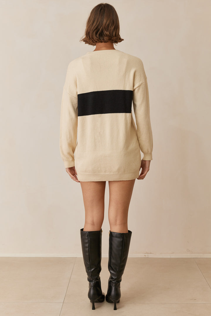 טוניקת סריג נורי בשילוב לוגו | קרם/שחור