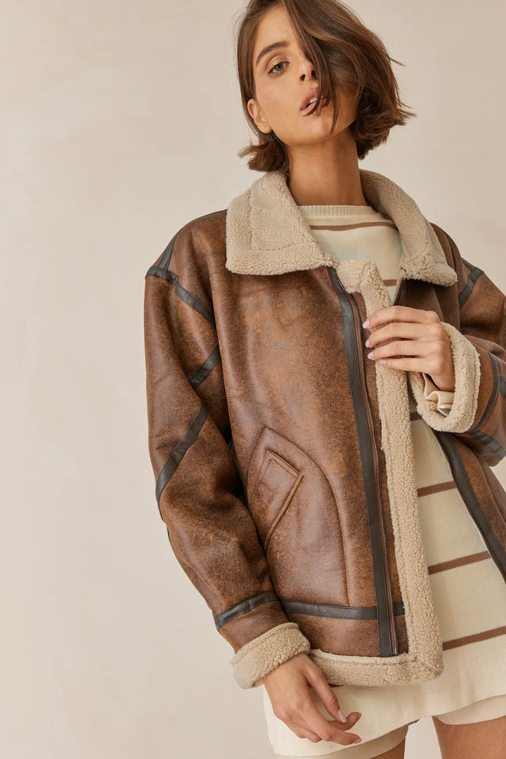 מעיל דמוי עור אוברסייז אדי בשילוב פרווה | חום