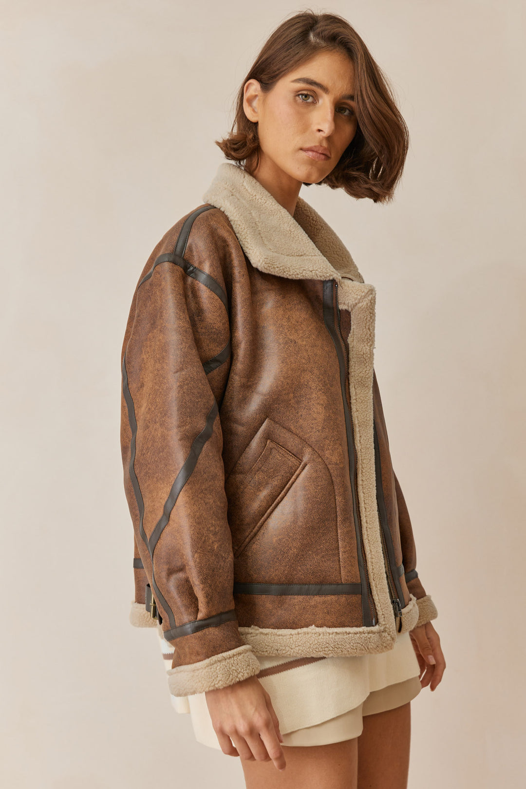 מעיל דמוי עור אוברסייז אדי בשילוב פרווה | חום