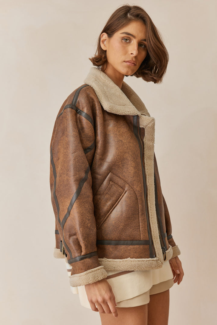 מעיל דמוי עור אוברסייז אדי בשילוב פרווה | חום