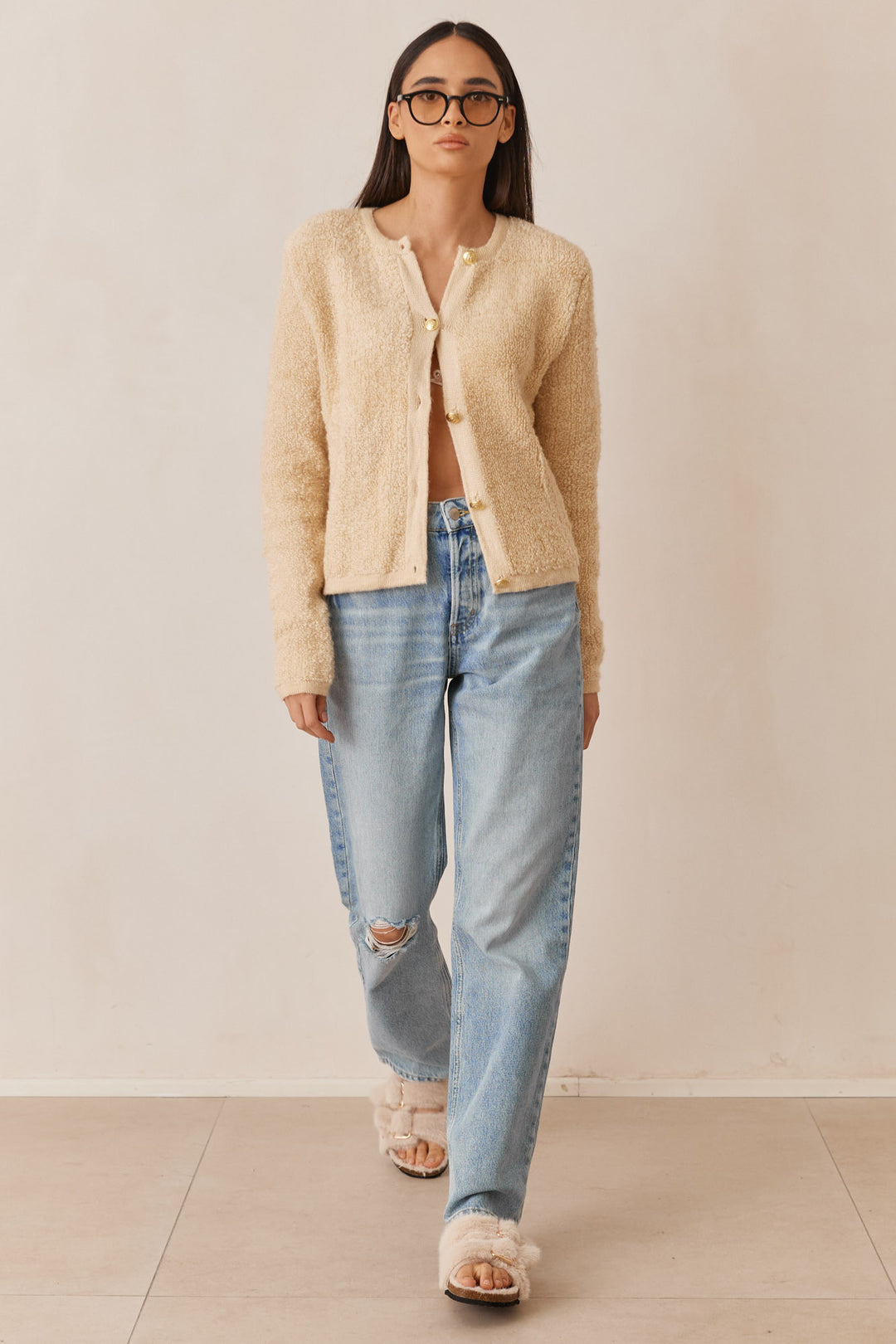 סריג היידן פרוותי בשילוב כפתורים | בז'