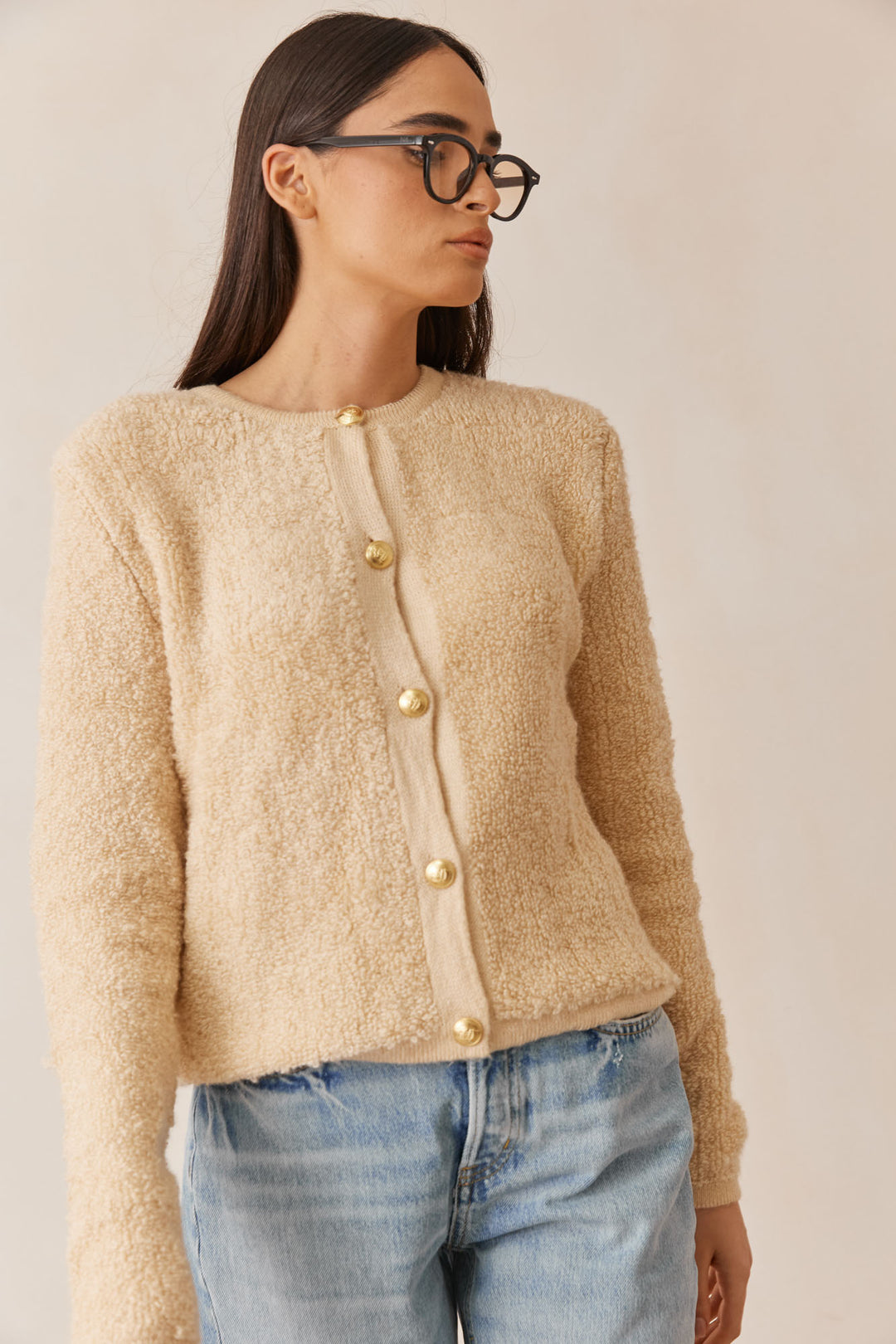 סריג היידן פרוותי בשילוב כפתורים | בז'