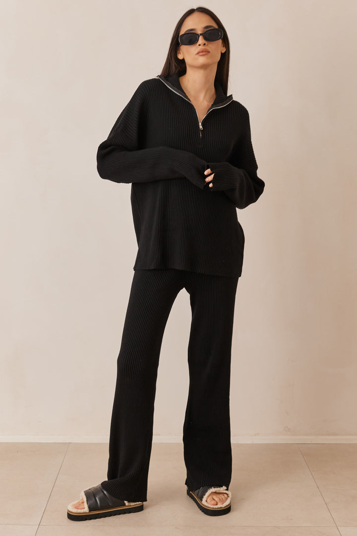 מכנסי סריג מורין בשילוב שסע | שחור