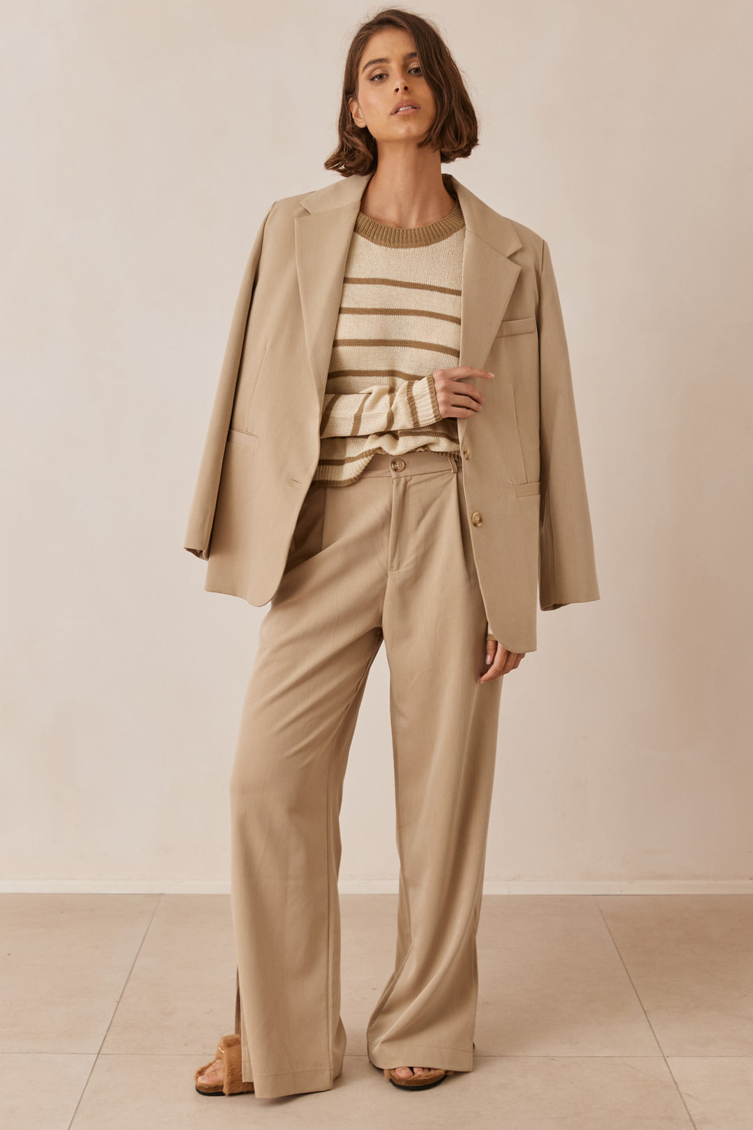 חולצת סריג סטרייפס מארי | קרם/זית