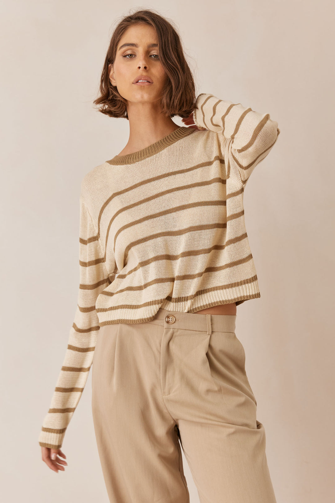 חולצת סריג סטרייפס מארי | קרם/זית