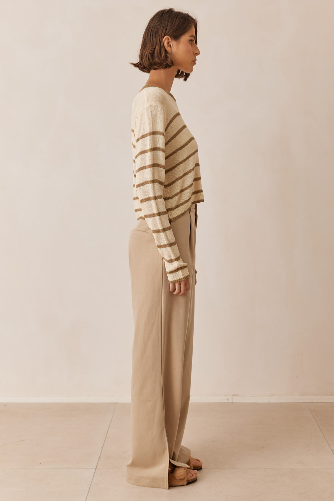 חולצת סריג סטרייפס מארי | קרם/זית