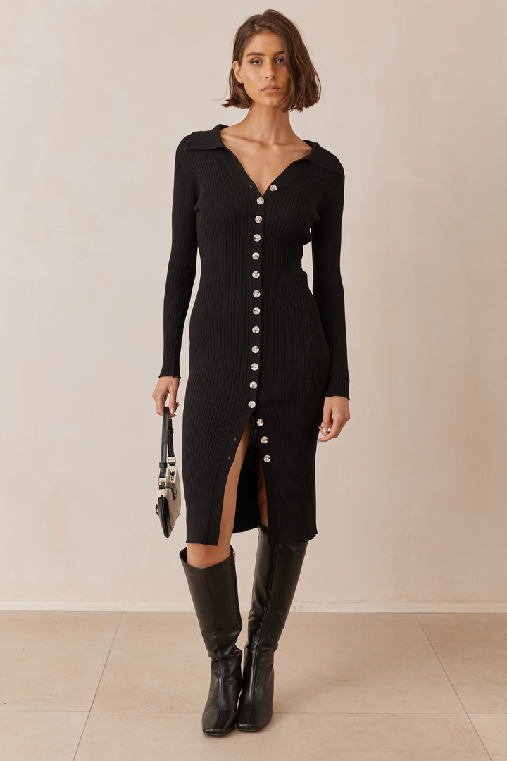 שמלת ריב ג'ולי בשילוב כפתורים | שחור