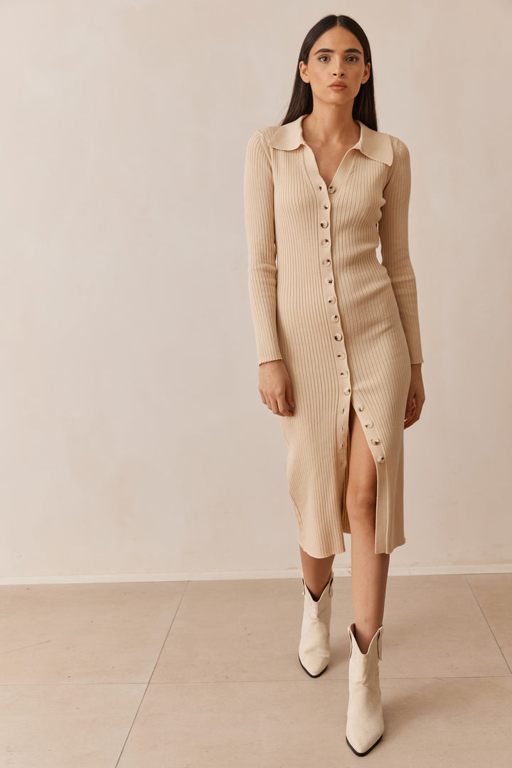 שמלת ריב ג'ולי בשילוב כפתורים | קרם