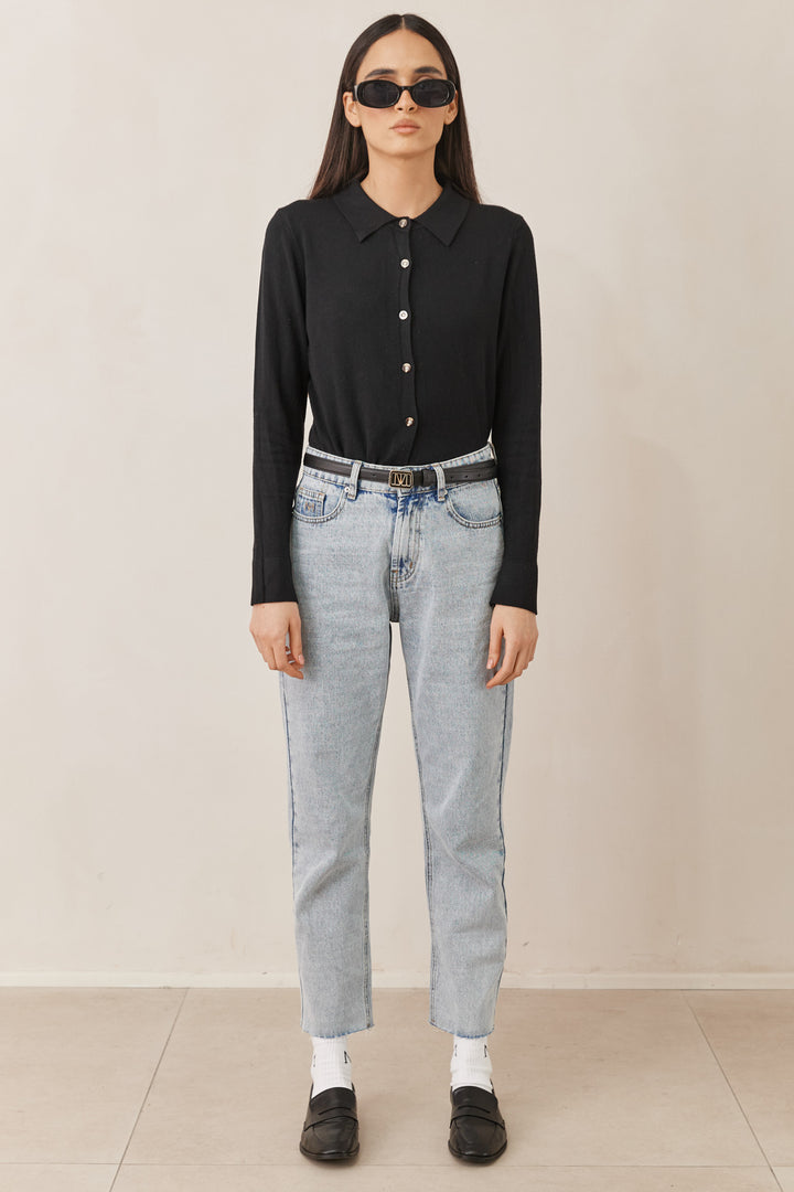 סריג ניקולה מכופתר בשילוב צווארון | שחור