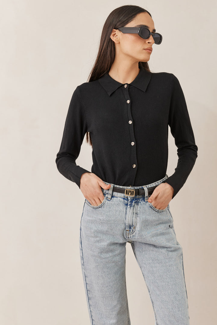 סריג ניקולה מכופתר בשילוב צווארון | שחור