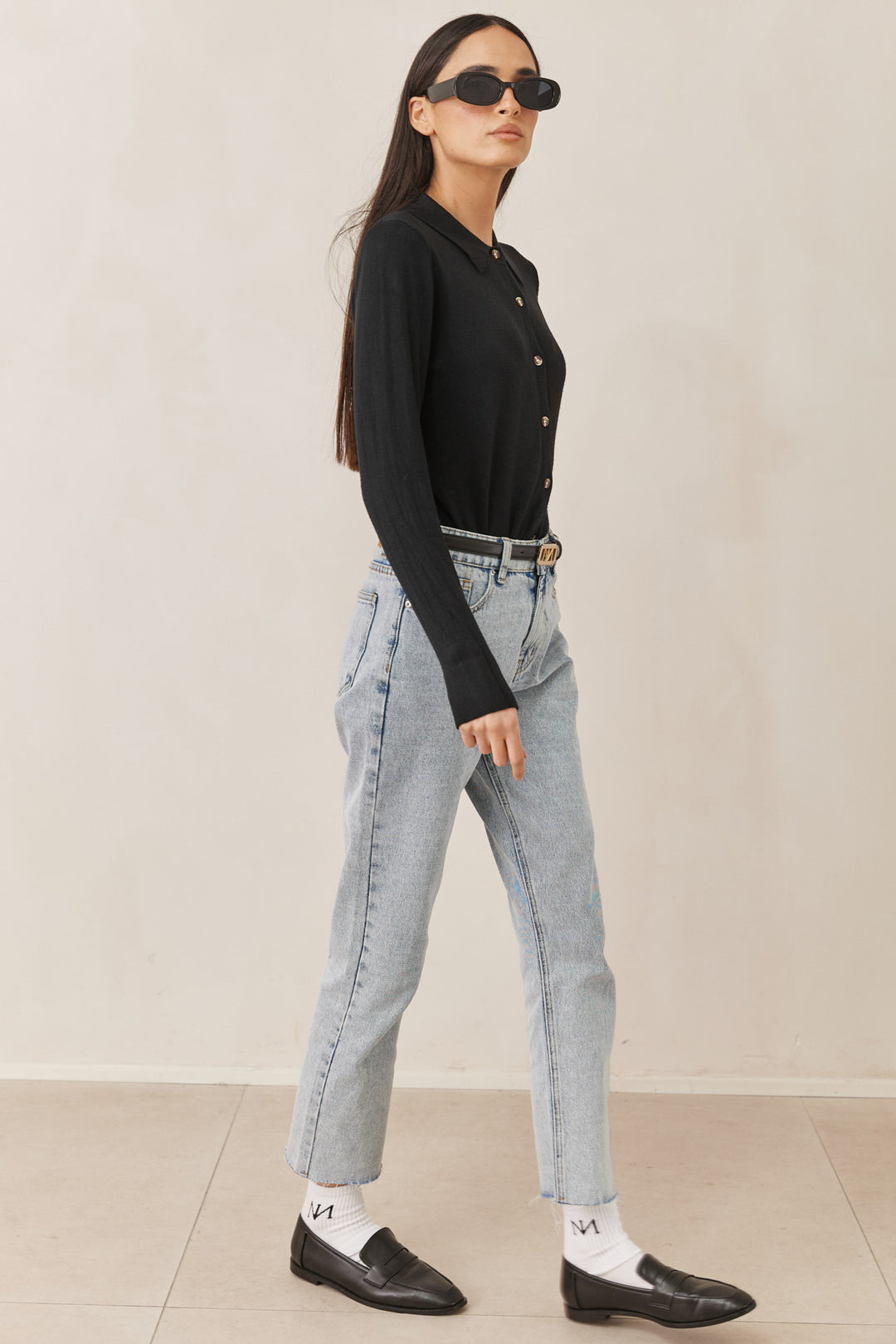 סריג ניקולה מכופתר בשילוב צווארון | שחור