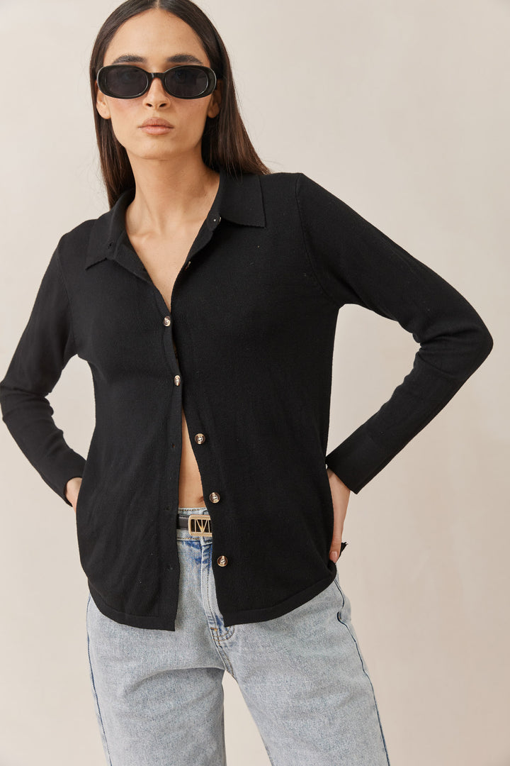 סריג ניקולה מכופתר בשילוב צווארון | שחור