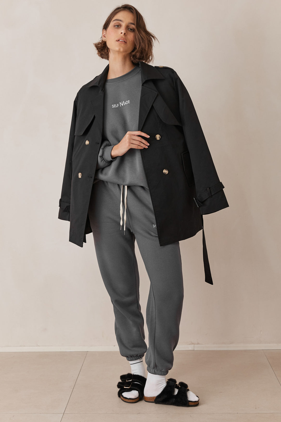 סוויטשרט פוטר אוברסייז SELF MADE | אפור כהה