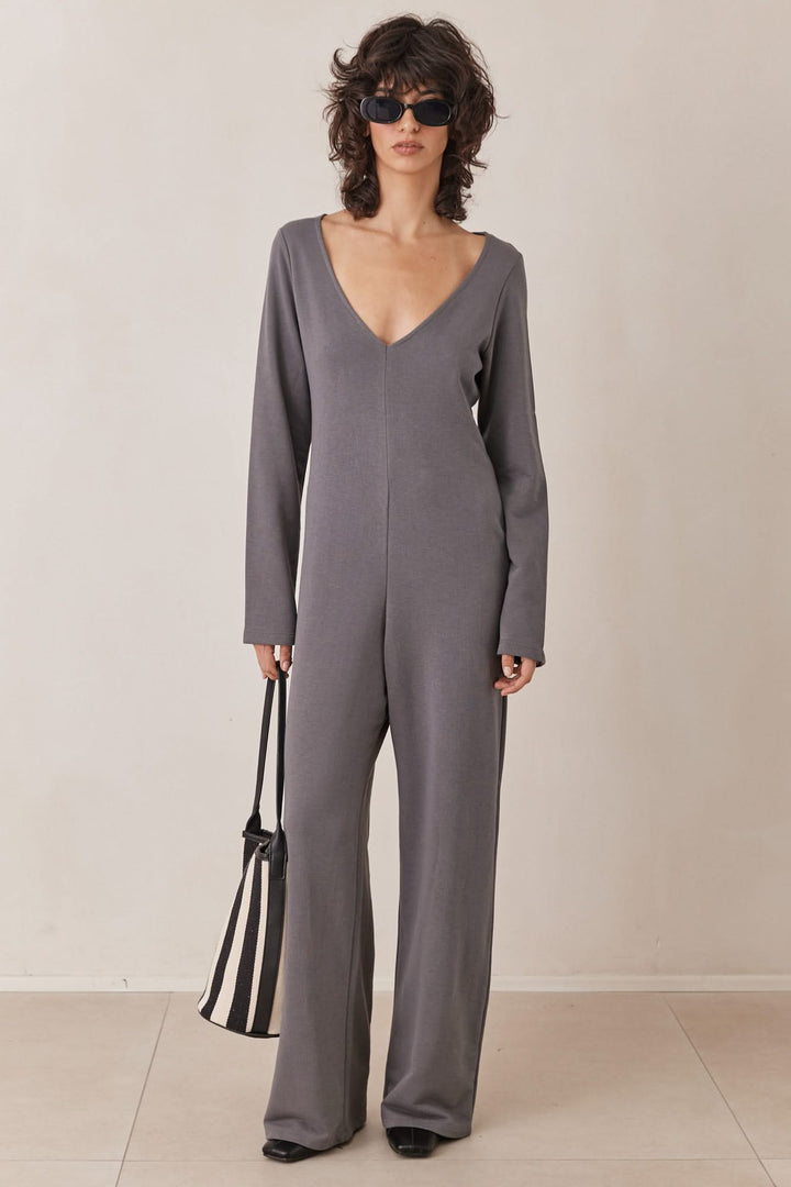 אוברול איזבל מחשוף וי | אפור כהה