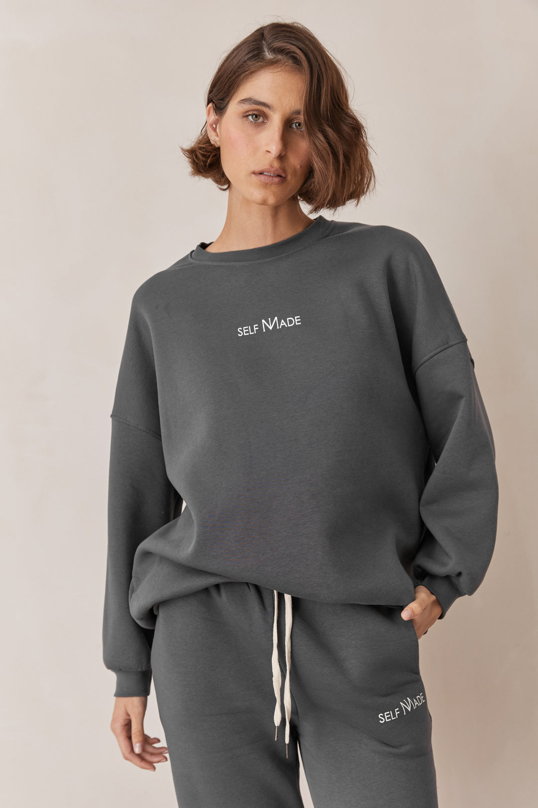 סוויטשרט פוטר אוברסייז SELF MADE | אפור כהה