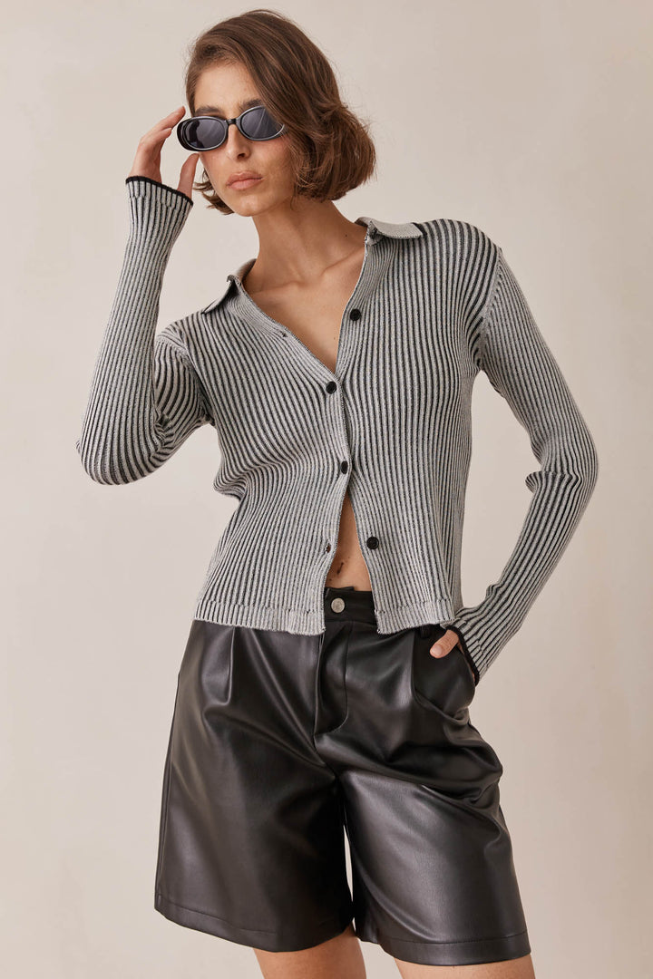 קרדיגן ריב דיאנה בשילוב צווארון | אפור