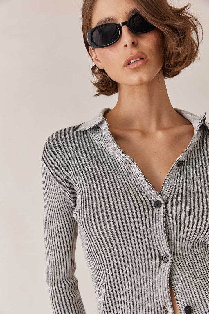 קרדיגן ריב דיאנה בשילוב צווארון | אפור