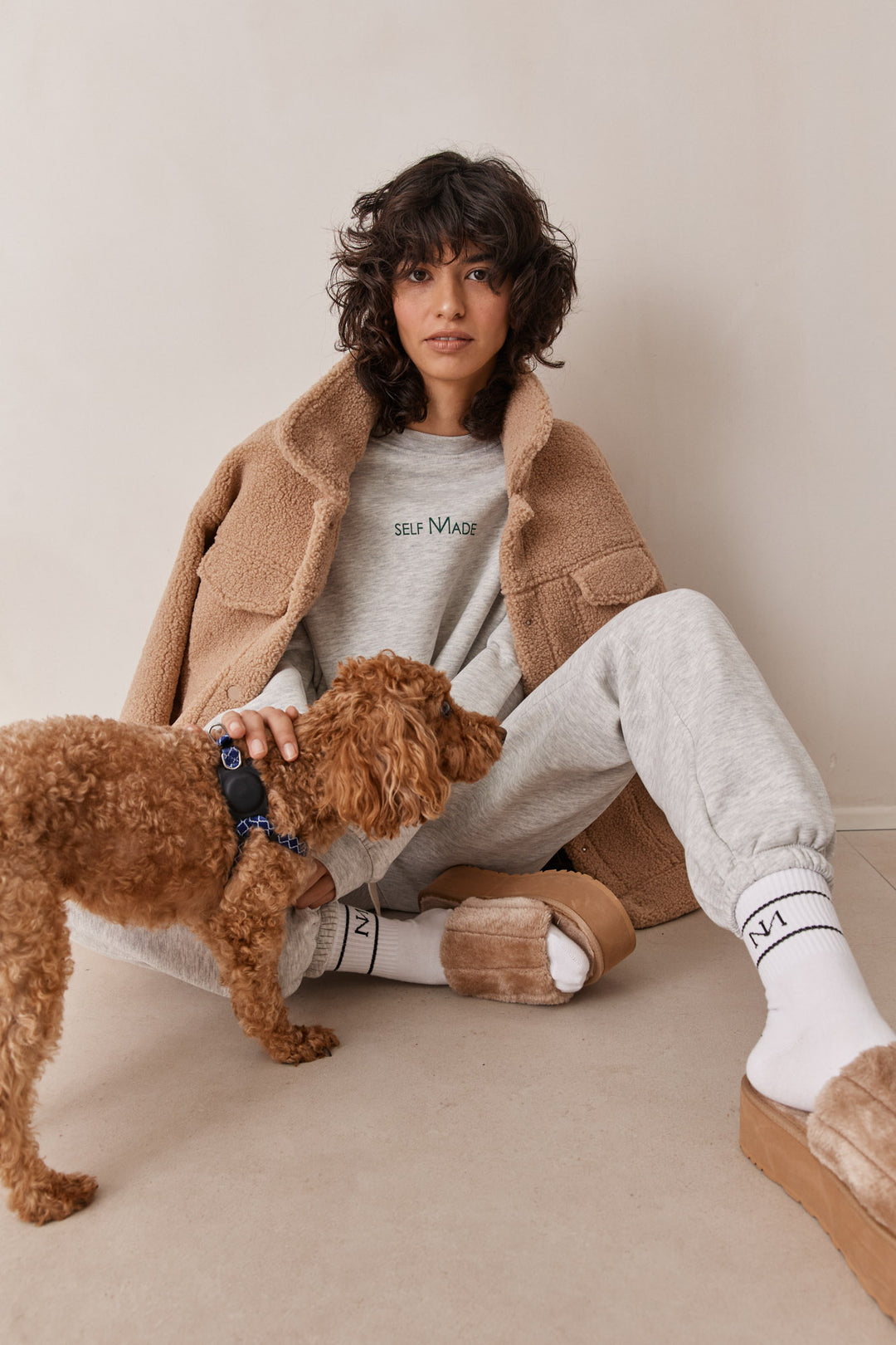 סוויטשרט פוטר אוברסייז SELF MADE | אפור בהיר