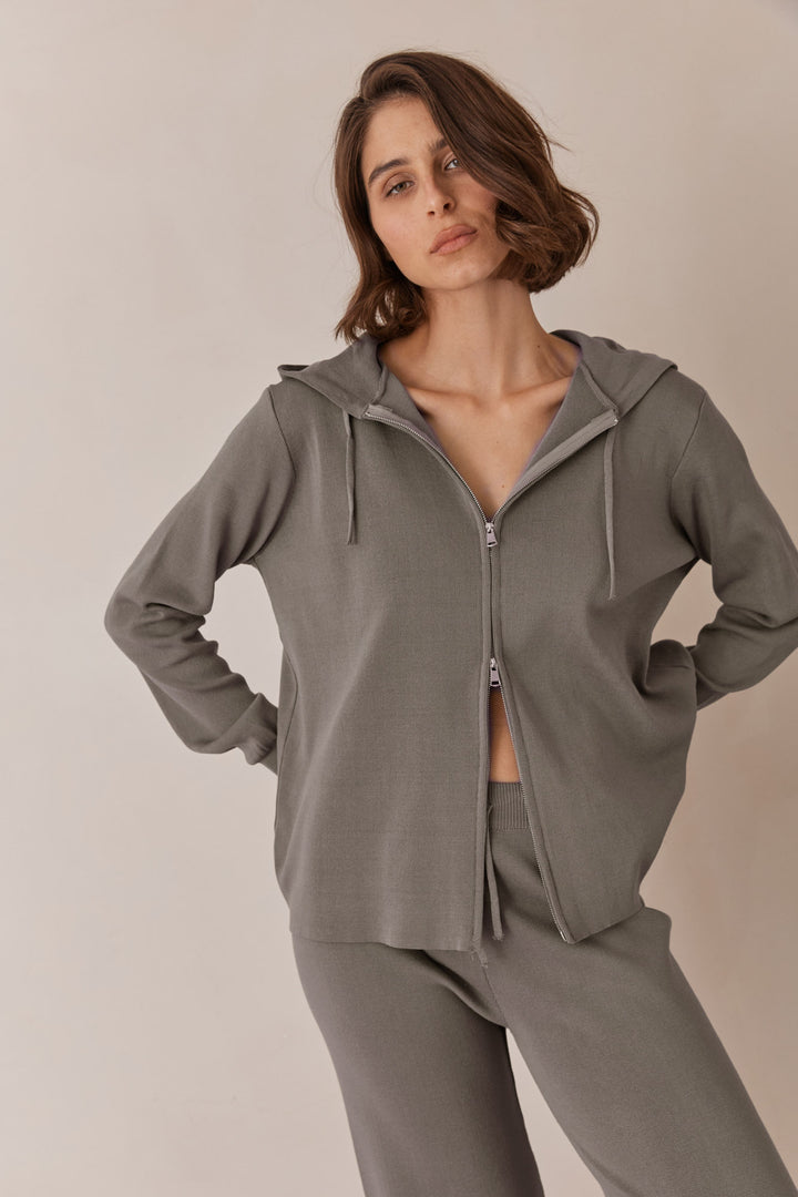 קפוצ'ון סריג נואל בשילוב רוכסן | ירוק זית