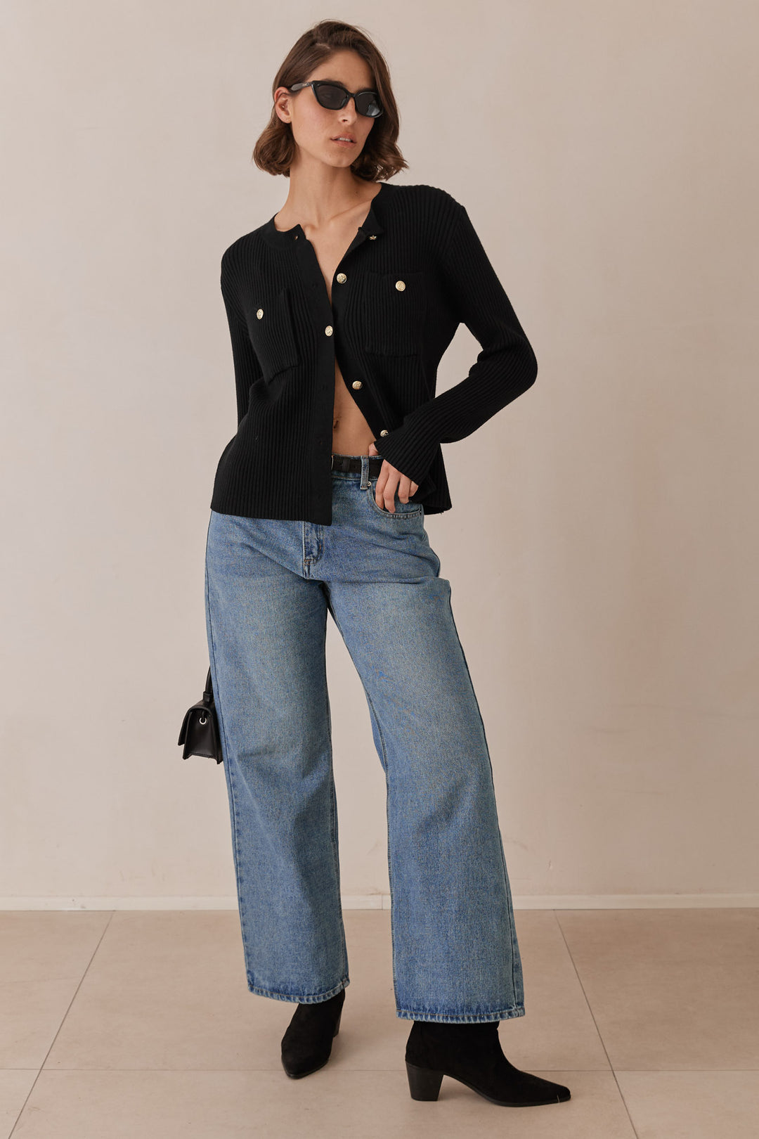 קרדיגן סריג רובי בשילוב כפתורים | שחור