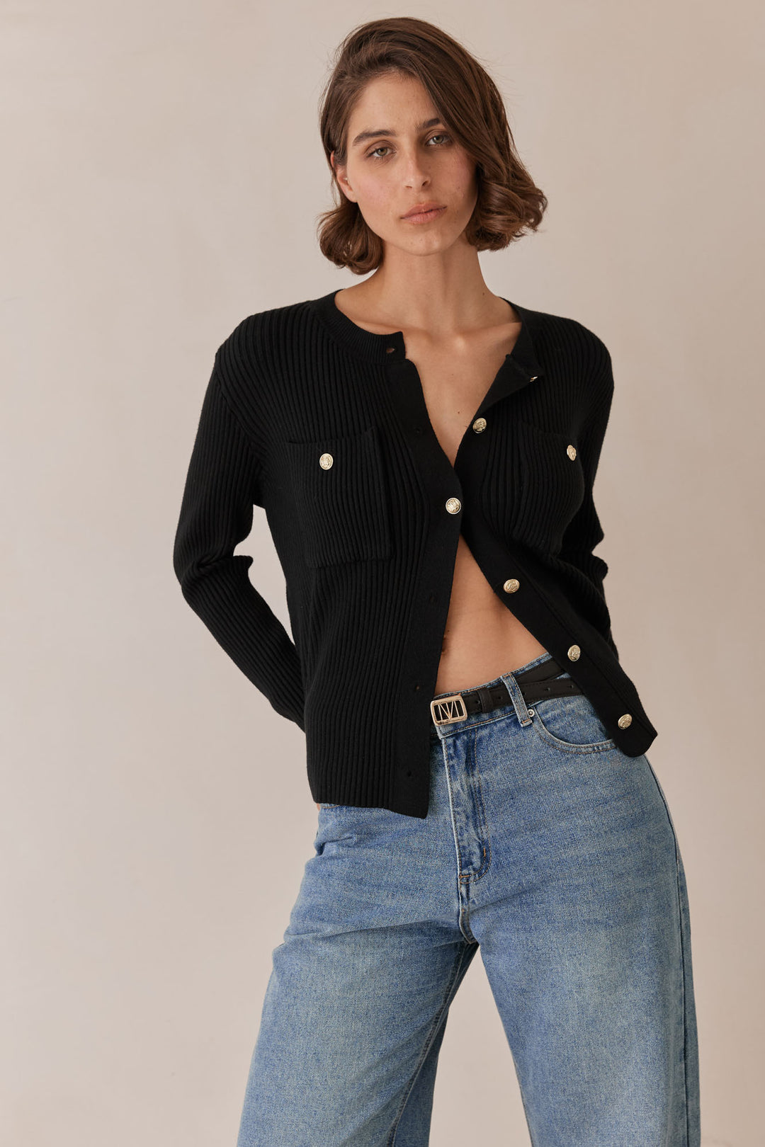 קרדיגן סריג רובי בשילוב כפתורים | שחור