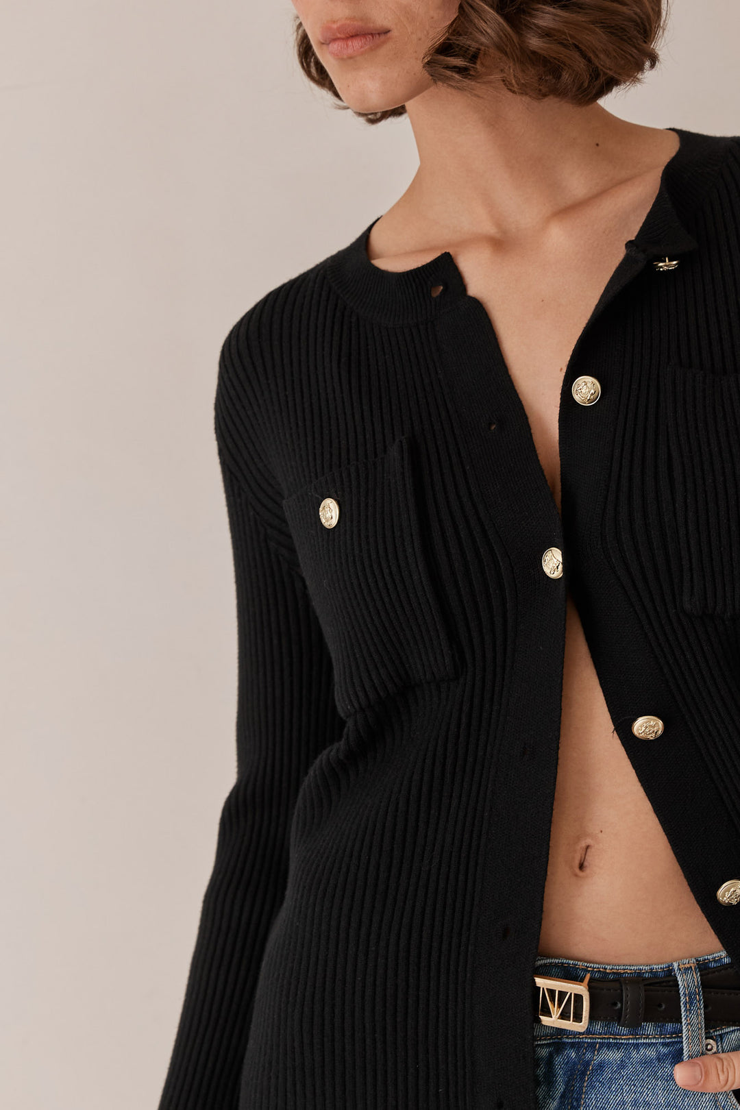 קרדיגן סריג רובי בשילוב כפתורים | שחור