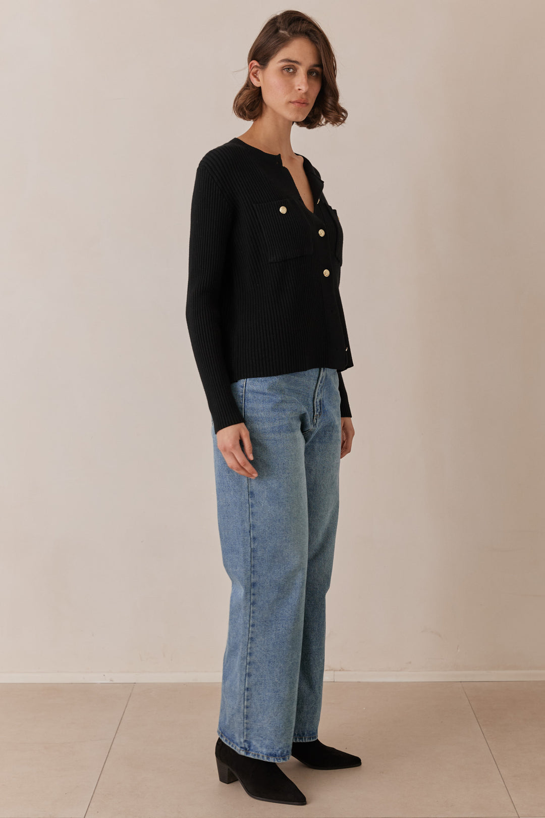 קרדיגן סריג רובי בשילוב כפתורים | שחור